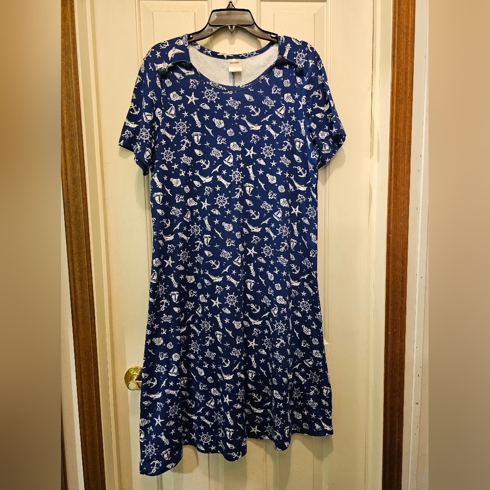 Blair Coastal Themed Blue A-Line Midi Dress - L